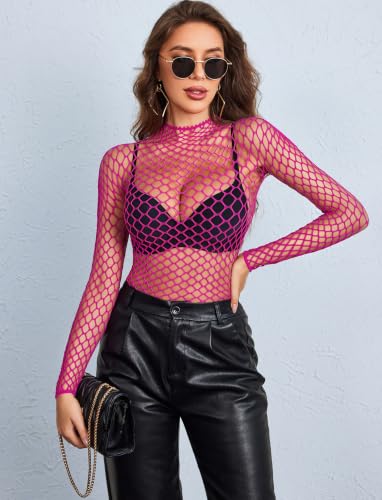 Image of Avidlove Women's Sexy Fishnet Mesh Long Sleeve Tops Mock Neck Sheer Lace See-Through Blouse Bodycon Clubwear Party Tops