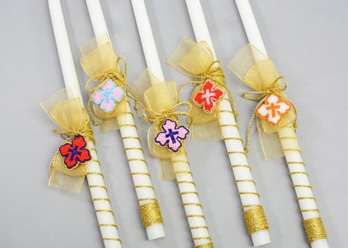 Heavenly Easter Candles White - Orange Cross| Blessed Filakto Orthodox Easter Lambathes | Pascha Candles with A Greek Cross