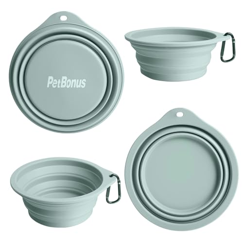 Image of PetBonus 2-Pack Large Silicone Collapsible Dog Bowls, 34oz /1000ml BPA Free Portable Foldable Travel Bowl for Pet Cat, Food Water Feeding Dish for Camping with 2 Carabiners (Turquoise, Tan)