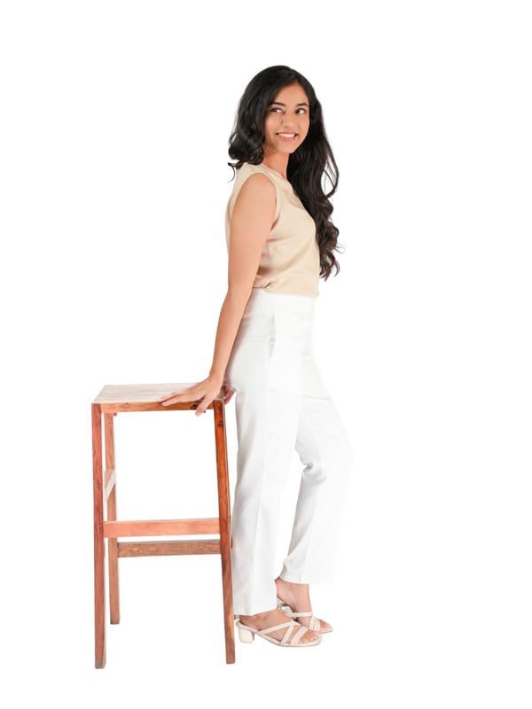 Image of SAADAA Women Pants Formal Straight Fit Cotton Satin Lycra Pant, Regular Fit Trouser for Office Work & Casual wear- Mid Rise, Elasticated Waistband, 4 Deep Pockets