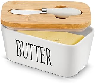 Large Butter Dish with Lid and Knife, European Size Porcelain Butter Container with Double Silicone Seals, Ceramic Butter Box, Perfect for Butter, Nuts, Cheese, 650ml,15 x 9 x 7 cm (White)