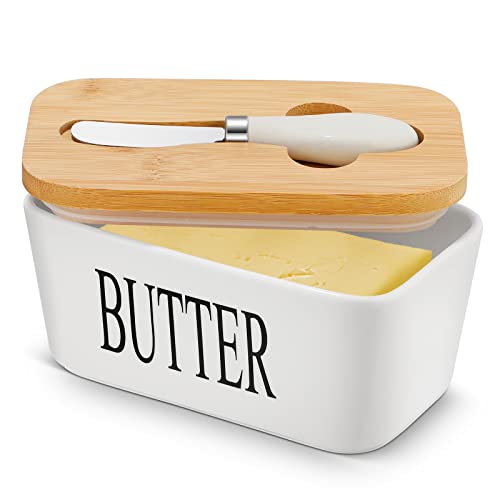 Große Butterdose mit Deckel und Messer, europäische Größe Porzellan Butterbehälter mit doppelten Silikondichtungen, Keramik Butterbox, perfekt für Butter, Nüsse, Käse, 650 ml, 15 x 9 x 7 cm (weiß) Cover