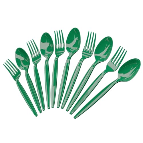 Blue Orchards Emerald Green Spoon and Fork Set (50 Each) Heavy Duty Green Utensils Durable Disposable Colored Cutleries and Plastic Utensils for Parties Birthdays St. Peter and Special Events