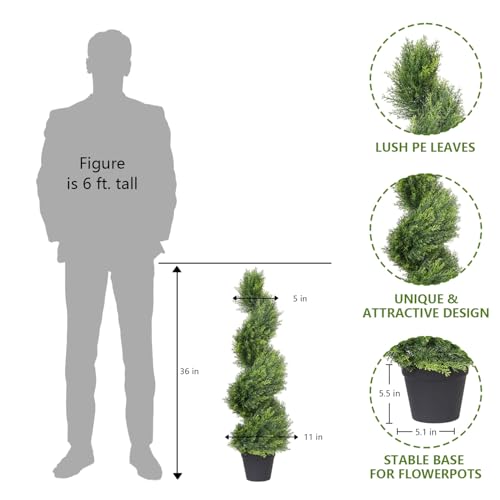 THE BLOOM TIMES 3ft Artificial Topiary Trees Set of 2, 36 inch Faux Cedar Cypress Spiral Topiary Trees Outdoor - Fake Plants for Garden Front Porch Indoor Outside Planter Decor 3 Foot