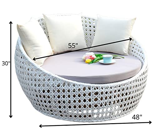 Image of DEVOKO Outdoor Pool Side, Garden, Balcony, Porch, Backyard, Terrace, Patio, Beach Round Sofa Wicker And Rattan Unique Design Daybed Furniture Set (White And Off White), 139 Centimeters, 122 CM, 76 CM