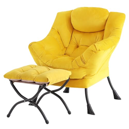 Image of Tiita Lazy Chair with Ottoman, Yellow Modern Large Accent Armchair, Comfy Leisure Sofa Reading Chair with Footrest for Bedroom, Living Room, Dorm Rooms, Garden, Velvet Yellow