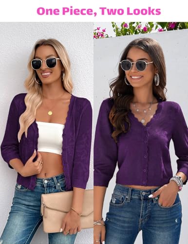 Image of Women Crop Cardigan Sweaters Lightweight 3 /4 Sleeve Button Up Crochet Shrug | Textured Bolero For Dresses Dressy Casual, V Neck, Ladies Eyelet Shawl Thin Trendy