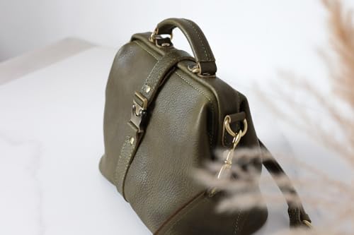 Image of Handmade Leather Doctor Bag for Women, Vintage Frame Satchel, Large Capacity Work Handbag, Soft Genuine Leather Shoulder Tote
