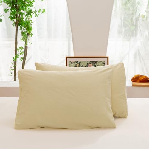 Image of ECOCOTT Duvet Cover Set, 100% Washed Cotton Linen-Like Soft & Breathable, Durable Comfy Bedding Set for All Seasons (Light Yellow, Queen)
