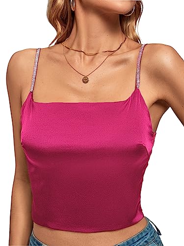 LYANER Women's Satin Rinestone Spaghetti Straps Square Neck