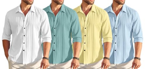 Image of FINIVO FASHION Combo of Men's Casual Cotton Plain Button Down Shirt Long Sleeve Textured Summer Beach Shirt for Men Pack of 4