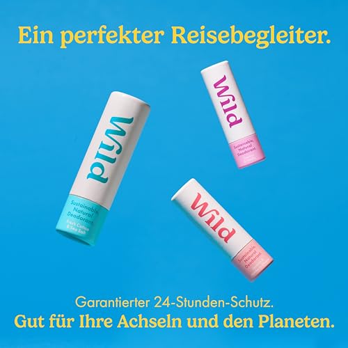 Wild - Set mit 3 Mini-Deodorants - Natürliche Inhaltsstoffe & Aluminiumsalzfrei - Lang anhaltender Schutz - Ideal für Urlaub & Reisen - Plastikfrei - Vegan & Umweltfreundlich - Testgröße