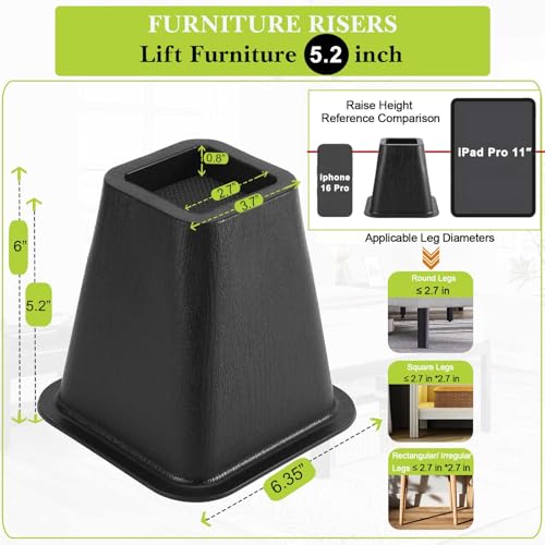 Yookwutar 4 Pack Furniture Risers 6 Inch, Bed Risers Heavy Duty for Table Desk Couch Chair Sofa Cabinet Bed Frame Dorm, Square Table Leg Risers Lift Height 6", Black by Yookwutar - Used condition - Image 2