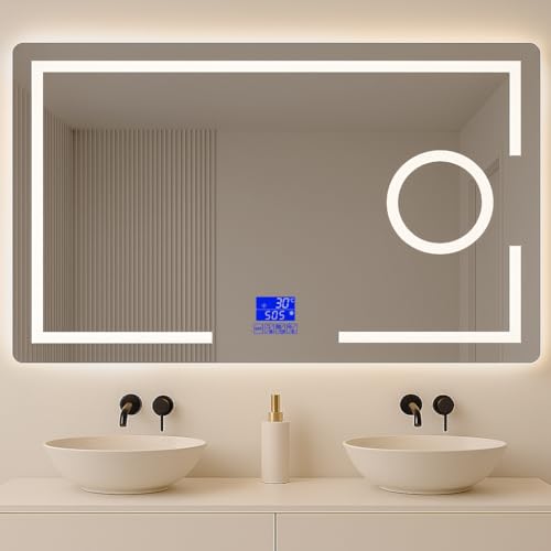 LARDECOR - Espejo con Bluetooth, Lupa Zoom X5, Luz LED Regulable 3000K/4000K/6000K【120 x 70 cm】 Función Antivaho y Memoria, Modelo Horizontal de Pared con Interruptor Táctil e Instalación Fácil