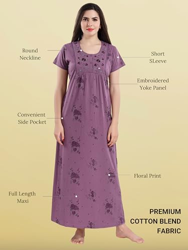 Image of 9shines Label Stylish Cotton Blend Embroidered Maxi Nightdress for Women with Pocket| Full Length Nightwear| Premium Nightdress| Comfortable Nightwear(5256)