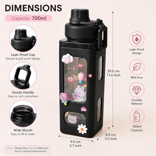 Image of LHOTSE Cute Square Water Bottle for School with Straw & Leakproof Lid - Large Capacity Kawaii Bottle for Kids, Girls & Office Usen 700 ML (Black)