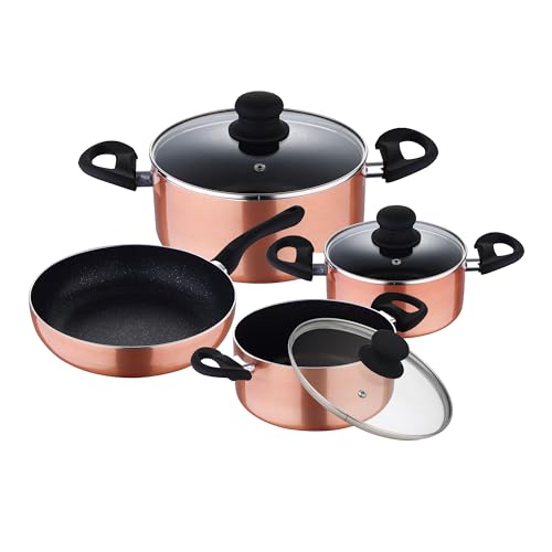 RB RENGBERG - Batería De Cocina en Aluminio Prensado - Interior Mármol - Exterior Cobre Transparente - 1 Sartén 26cm - 1 Cazuela Con Tapa 16cm - 1 Cazuela Con Tapa 20cm - 1 Cacerola 22cm