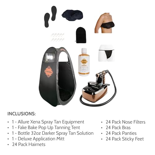Fake Bake Professional Allure Xena Airbrush Sunless Spray Tan System – Complete Spray Tanning Kit with Compressor, Pop-Up Tent & 32oz Tanning Solution