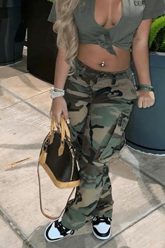 Vakkest Women's Oversized Camo Cargo Pants Jogger Trousers Workout Sweatpants Camouflage Army Fatigue with Pockets4
