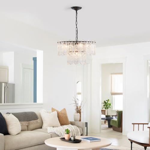 ElegLumi D19in Vintage Glass Chandeliers, 5-Light Mid-Century Modern Light Fixture for Dining Room, Kitchen, Living Room, D19×19~51"(Adjustable Height), Black Finish & Pattern Glass Shade — view 7