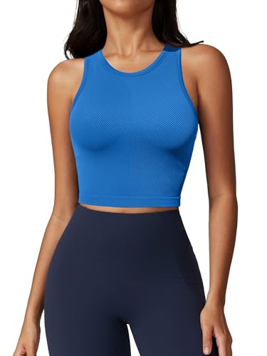 ATTRACO Tank Top with Built in Bra for Women Sleeveless Workout Tops High Neck Running Tops Blue X-Large