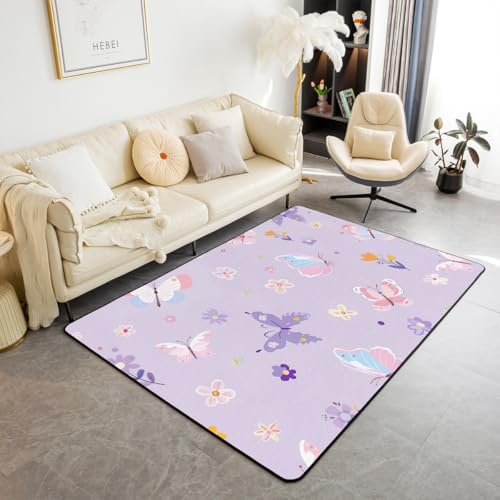 Homewish Alfombra de área floral morada de 150 x 200 pulgadas, para dormitorio, sala de estar, sala de juegos, bonita alfombra de mariposa, alfombra de suelo para interiores, antideslizante, alfombra
