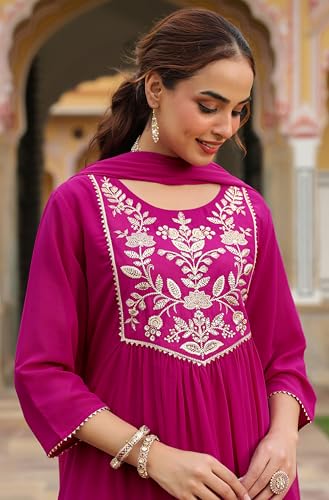 Image of Janasya Women's Georgette Embroidered A-line Kurta with Palazzo Dupatta Set