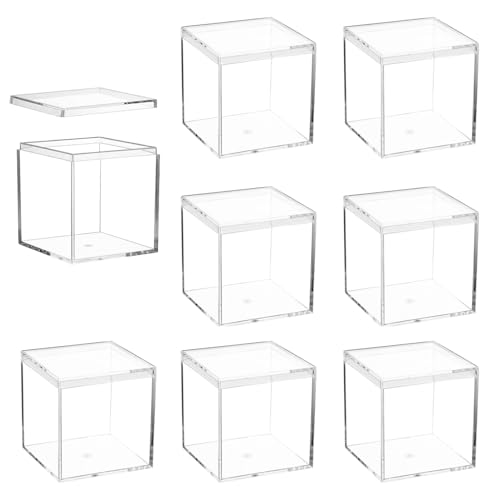 ADVcer 8 pcs Clear Acrylic Box with Lid, 2.36 inch Square Cube Small Acrylic Storage Boxes Display Case, Transparent Plastic Decorative Box Set for Jewelry Gift Toy Model Candy Mini Cake Containers