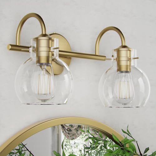 PRIMEPLUS 2-Light Gold Bathroom Light Fixture, Modern Bathroom Vanity Light Over Mirror Two Light Brushed Gold Vanity Lights for Wall Sconce Lighting, E26 Base,Gold