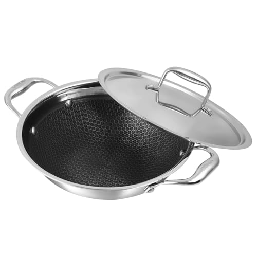 Vinod Platinum SAS Pro Triply Stainless Steel Kadai with Lid, 22cm, Non-Stick Hexa Pattern, Induction Compatible, Stay-Cool Handles