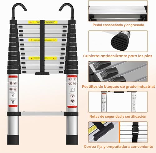 Miniatura 2 de Escalera Telescópica De 4,41 Metros Con 2 Ganchos Desmontables Y Patas Antideslizantes, De Metal