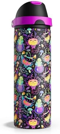 Halloween Insulated Water Bottle with Straw - Stainless Steel Water Bottle with Push Button Lid, Leak-Proof BPA-Free, Keeps Cold for 24 Hours for Halloween gifts, Party (24 oz, Meowgic Night)
