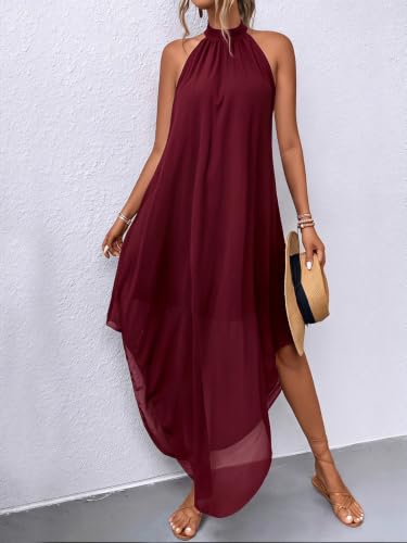 Image of Verdusa Women's Wedding Guest Dress Halter Flowy Chiffon Long Bouncy Dress | Cocktail Dress, Asymmetrical Dress for Women, Sleeveless, Prom Dress, Cruise Outfits, Boho