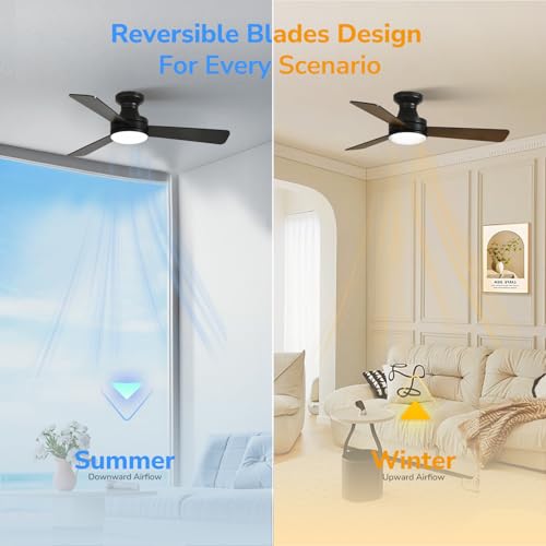 Image of Orison Smart Ceiling Fans with Lights - 42 inch Low Profile Flush Mount, RGB Backlight & Dimmable LED, Alexa & Google Compatible, 6-Speed Reversible, App & Remote Control, Quiet & Energy Saving, Black