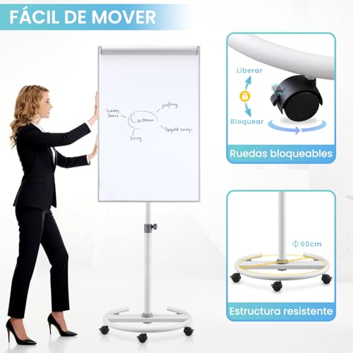 S SWANCROWN Pizarra Blanca Móvil Magnética 100x65cm,Altura Ajustable Marco de Aluminio,Pizarra Magnética con Ruedas,para Oficina y Aula - imagen 4