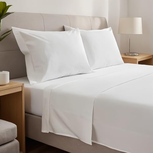 gobedreams Juego de Sábanas 4 Piezas 150x190/200. Sábanas de Cama de Poliéster Microfibra cepillada. Sábana Plana, Sabana Bajera Ajustable y 2 Fundas de Almohada. Color Blanco