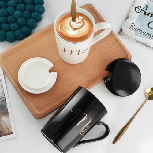 Set mokken, Mr. en Mrs. Keramische koffiemokken met deksel en lepel, cadeau voor Kerstmis, bruiloft, paar, verjaardag, verloving, Valentijnsdag, 400 ml - Afbeelding 6