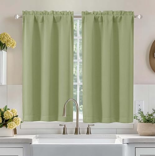 Image of Aiyufeng Sage Green Short Blackout Curtains for Bedroom 45 Inches Long 2 Panels Set, Solid Thermal Insulated, Energy Saving Window Treatment Curtains Blackout Drapes, W40 x L45 Inch, Sage Green