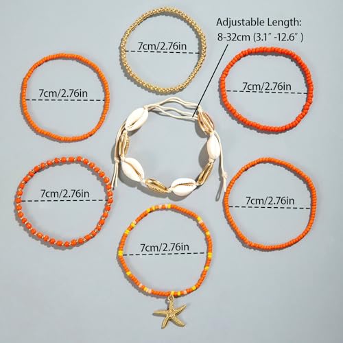 Image of 7 Pack Boho Beaded Shell Anklet Bracelets for Women Colorful Stretch Cowrie Seashell Starfish Ankle Bracelet Stack Adjustable Summer Beach Accessories Cute Hawaiian Jewelry