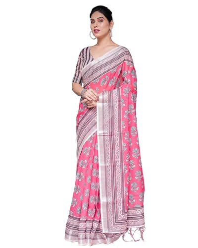 Image of Kaugalian store Linen Cotton Floral Printed Saree for Women with Unstitched Blouse Piece | 5.5 M Saree & 0.8 M Blouse