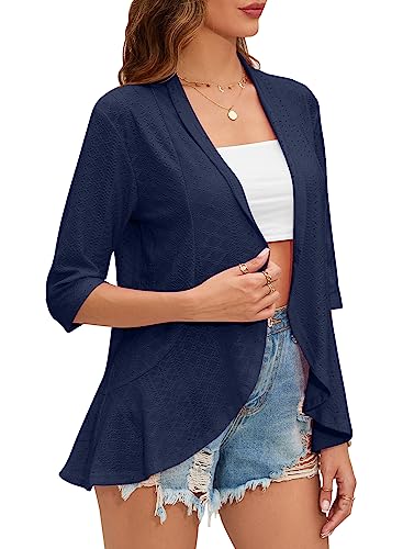 Women's Casual Lightweight Open Front Cardigans Ruffles 3/4 Sleeve Cardigan Soft Draped Cover Up3