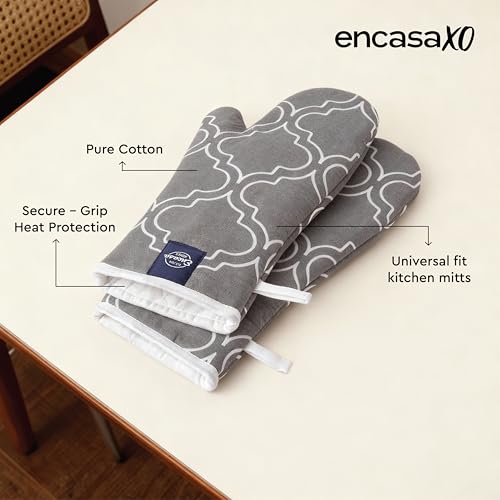 Image of Encasa XO Extra Long 18x35 cm Microwave Oven Gloves Mitts (2 pcs) for Kitchen Cooking - Trellis Grey - Heat Resistant, Thick & Safe, Protection of Hands from Hot Utensils, Gas Flame, Grill, Barbecue