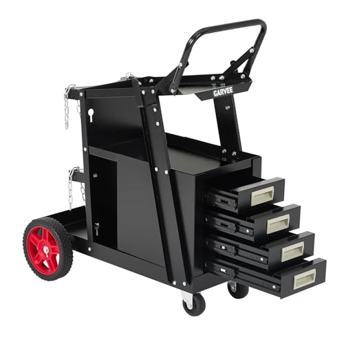 Garvee Welding Cart with Drawers,Heavy Duty Carbon Steel Welding Cart for Mig/Tig Welder and Plasma Cutter,Rolling Welder Cart with Handle and Gas Tank Holder,220 Lb Weight Capacity