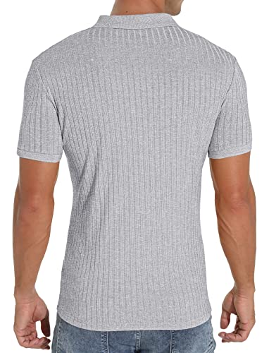 Askdeer Men's Zip Polo Shirts Classic Short Sleeve Stretch Slim Fit Casual T Shirts Gray #TOP5