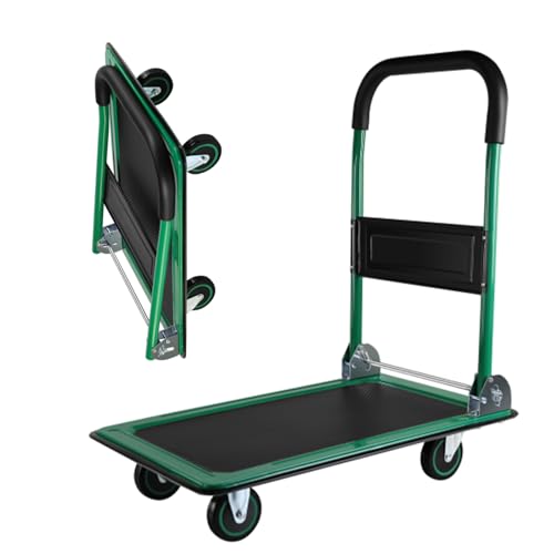 Foldable Push Cart Platform Cart 330lbs Capacity, Heavy Duty Steel Platform Truck Cart, 360 Degree Swivel 4 Wheels, Small Flatbed Hand Cart (Green)
