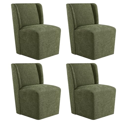 KISLOT Upholstered Dining Chairs Set of 4 with Casters, Wingback Modern Side Armless Deskchair with Rollers for Diningroom Bedroom Livingroom Reading Room, Green Fabric