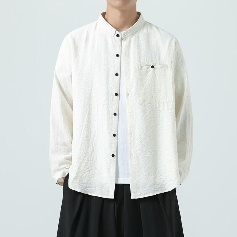 Chemise style chinois manches longues lin mélangé ample unisexe décontractée - 3