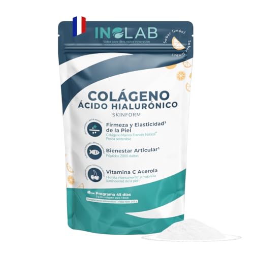 INOLAB Colageno Marino 2000 Da Hidrolizado Puro 5g para 45 Días I Colageno Acido Hialuronico + Acerola bio I Piel, Articulaciones I Aroma natural de limón
