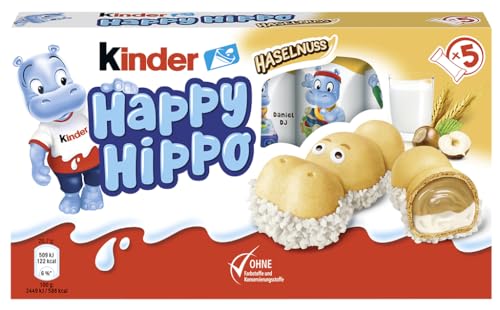 kinder Happy Hippo Haselnuss – Knusprige Waffelspezialität mit Milch- und Haselnusscreme – Süßigkeiten für Karneval & Fasching – 1 Packung mit je 5 Einzelriegeln à 20,7g