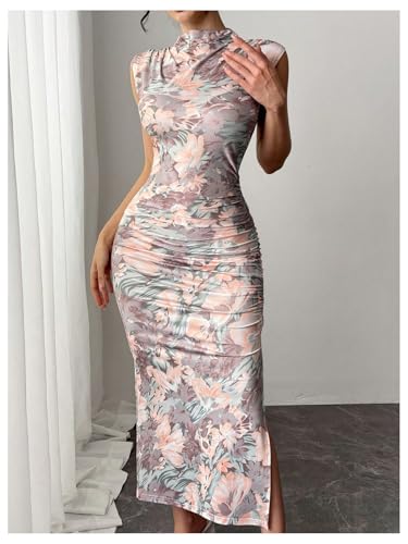 Image of BEAUDRM Women's Floral Print Midi Bodycon Dresses Split Thigh Ruched Mock Neck Fitted Tank Dress